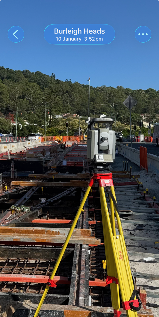 Survey instrument on bridge formwork at Burleigh Heads